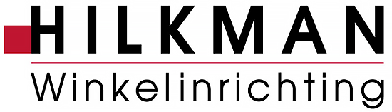 Hilkman Winkelinrichting logo met zwart tekstlogo en rood vierkant embleem.