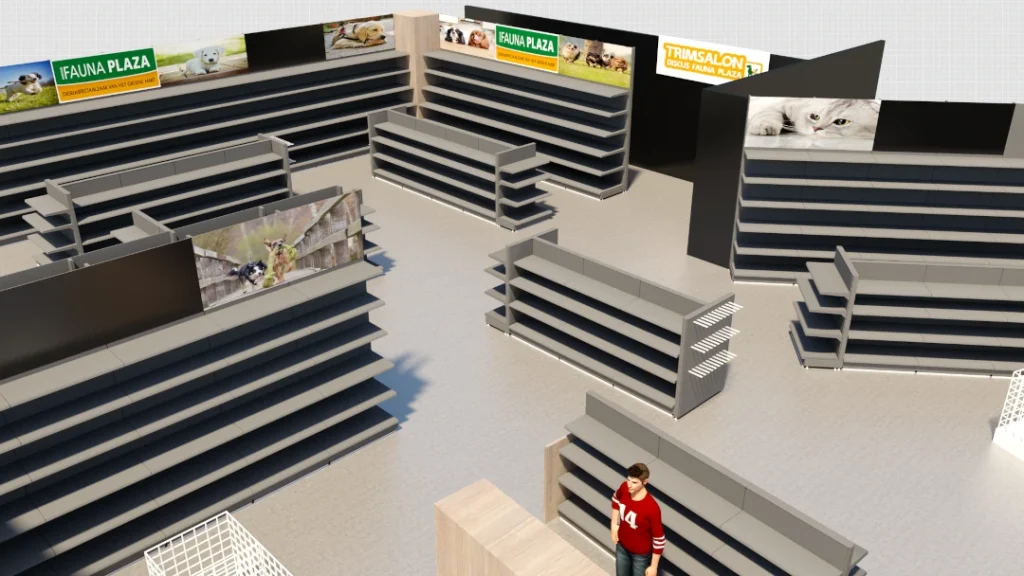 3D-visualisatie van een winkelruimte met zwart-witte metalen stellingen, balies enDisplayBorden voor dierproducten.