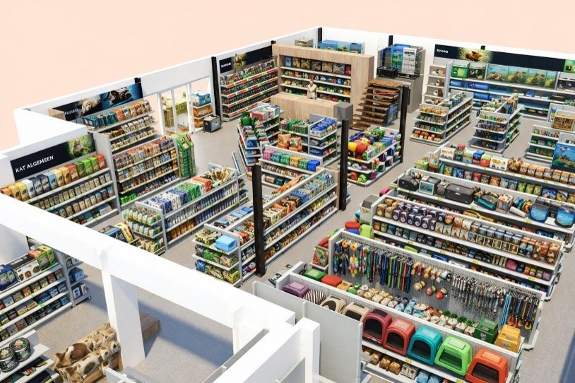 Bovenaanzicht van een modern ingerichte supermarkt of winkel met metalen stellingen vol producten, schappen en display-kasten langs de wanden.